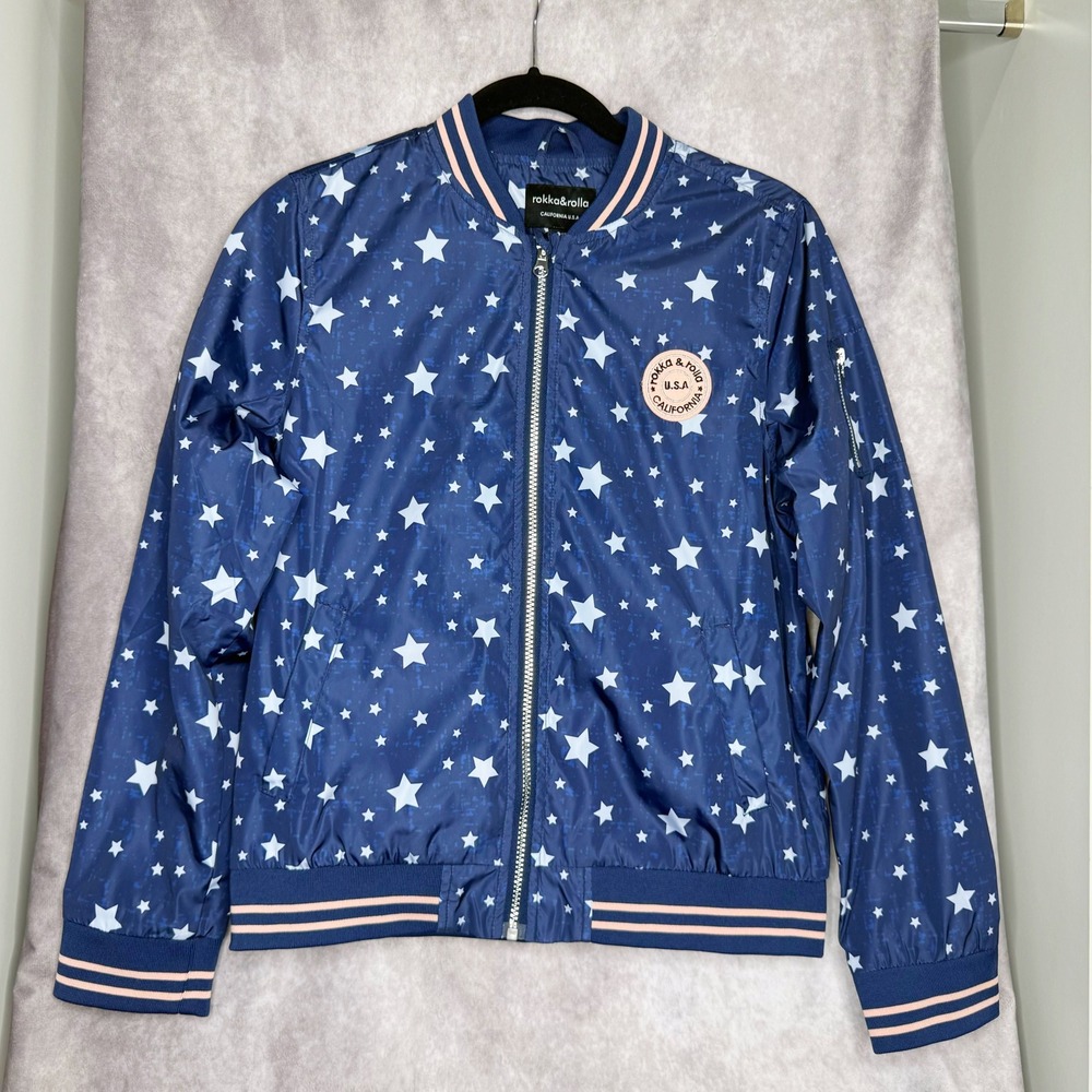 rokka&rolla Girls Bomber Jacket XL(14-16) Blue Star Lightweight Zip Up Lined
